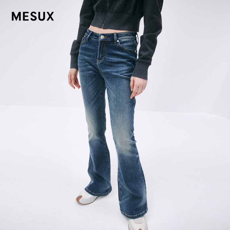 MESUX米岫新品微喇直筒时尚蓝色长绒棉水洗牛仔裤女MMWUR414