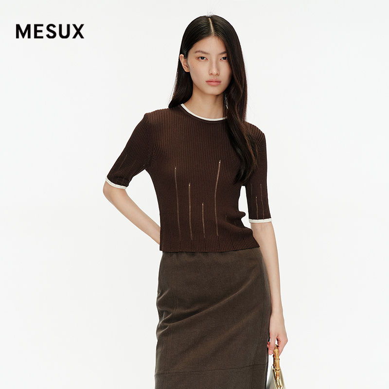 MESUX米岫25秋假两件撞色坑条针织二醋酸短袖上衣T恤MNFUE303