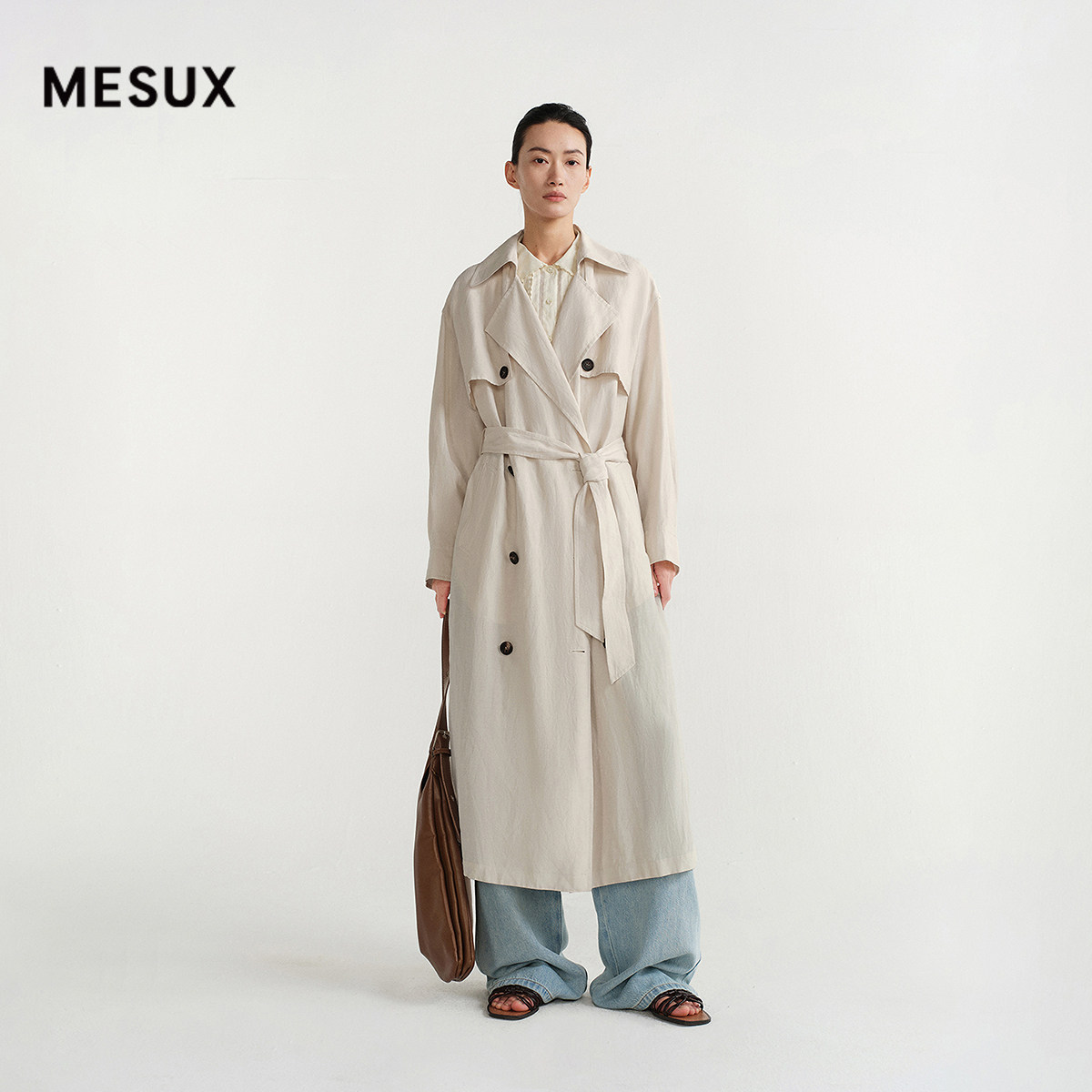 MESUX米岫26春韩国粘胶亚麻面料随性翻领宽松腰带风衣MOSUG202