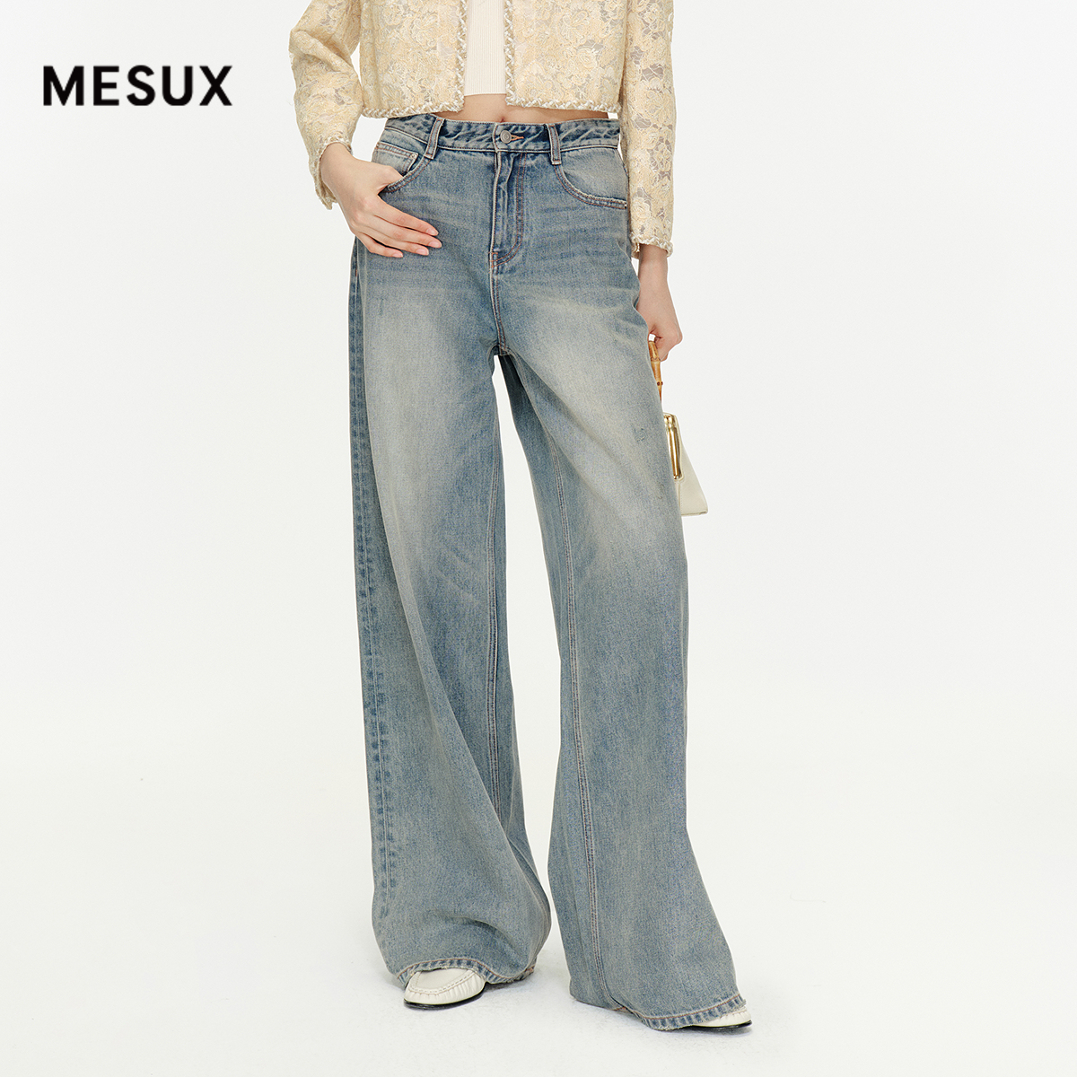 【博主同款】MESUX米岫25秋复古水洗高支高密阔腿牛仔裤MNFUR408