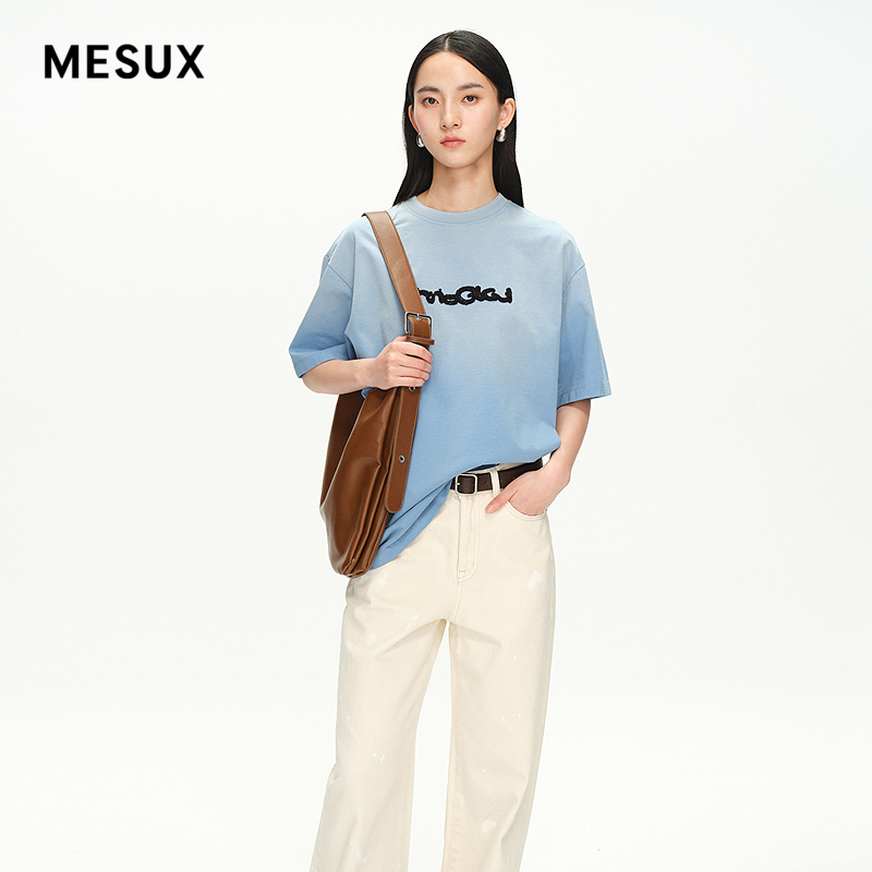 MESUX米岫25夏新品长绒棉复古字母贴绣短袖慵懒风短袖T恤MNMUB311