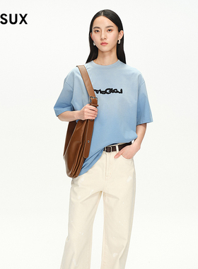 MESUX米岫夏新品长绒棉复古字母贴绣短袖慵懒风短袖T恤MNMUB311