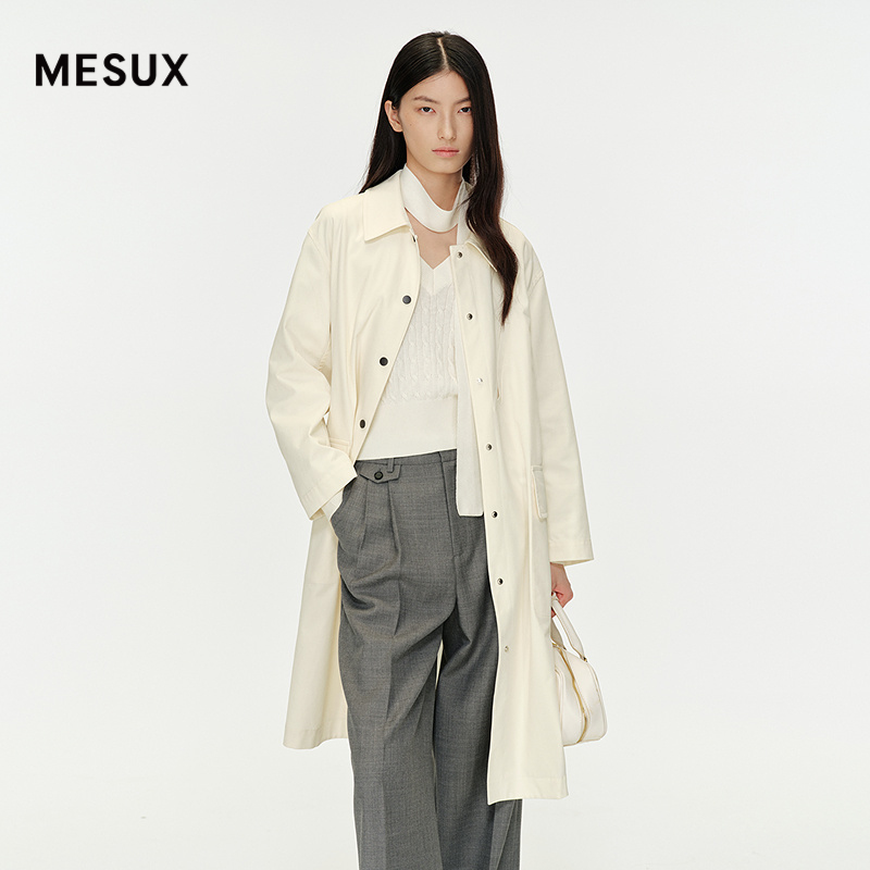 MESUX米岫25秋经典单排扣翻领过膝中长款附腰带风衣外套MNFUG202