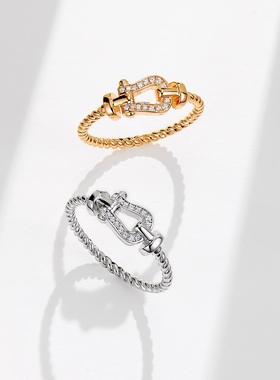 航海马蹄扣带钻情侣对戒轻奢高级感麻花扭纹满钻戒指ins时尚指环