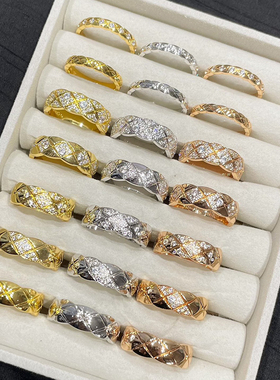 高版本Coco小香风菱格纹戒指女轻奢高级感玫瑰金巨好看窄宽食指戒