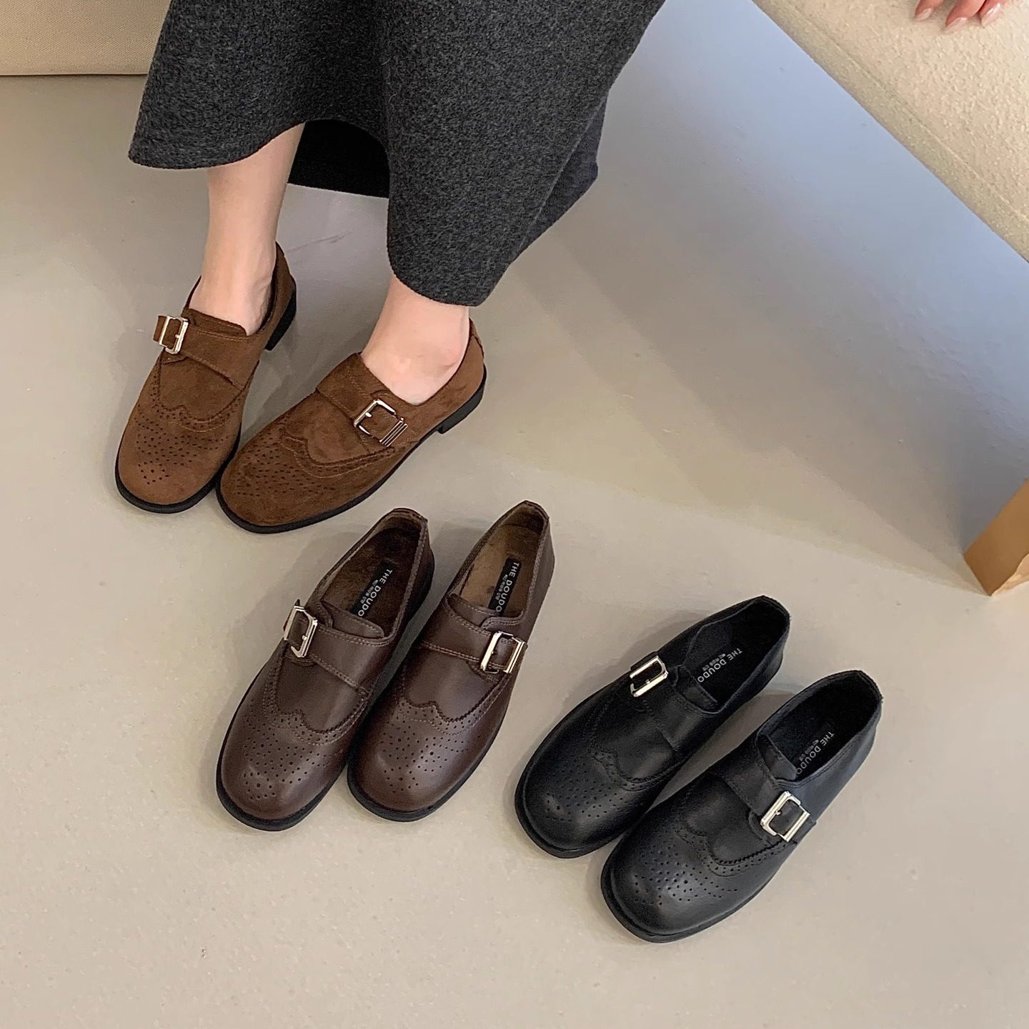 2025年冬季平底英伦复古风雕花布洛克乐福鞋女皮带扣一脚蹬小皮鞋,女鞋,乐福鞋（豆豆鞋）,淘宝优惠券,粉丝福利购,淘宝优惠卷
