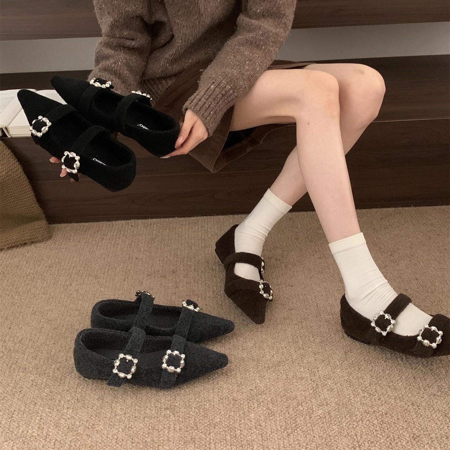 法式尖头毛呢玛丽珍鞋女水钻一字带平底加绒2025年秋冬小众单鞋,女鞋,玛丽珍鞋,淘宝优惠券,粉丝福利购,淘宝优惠卷