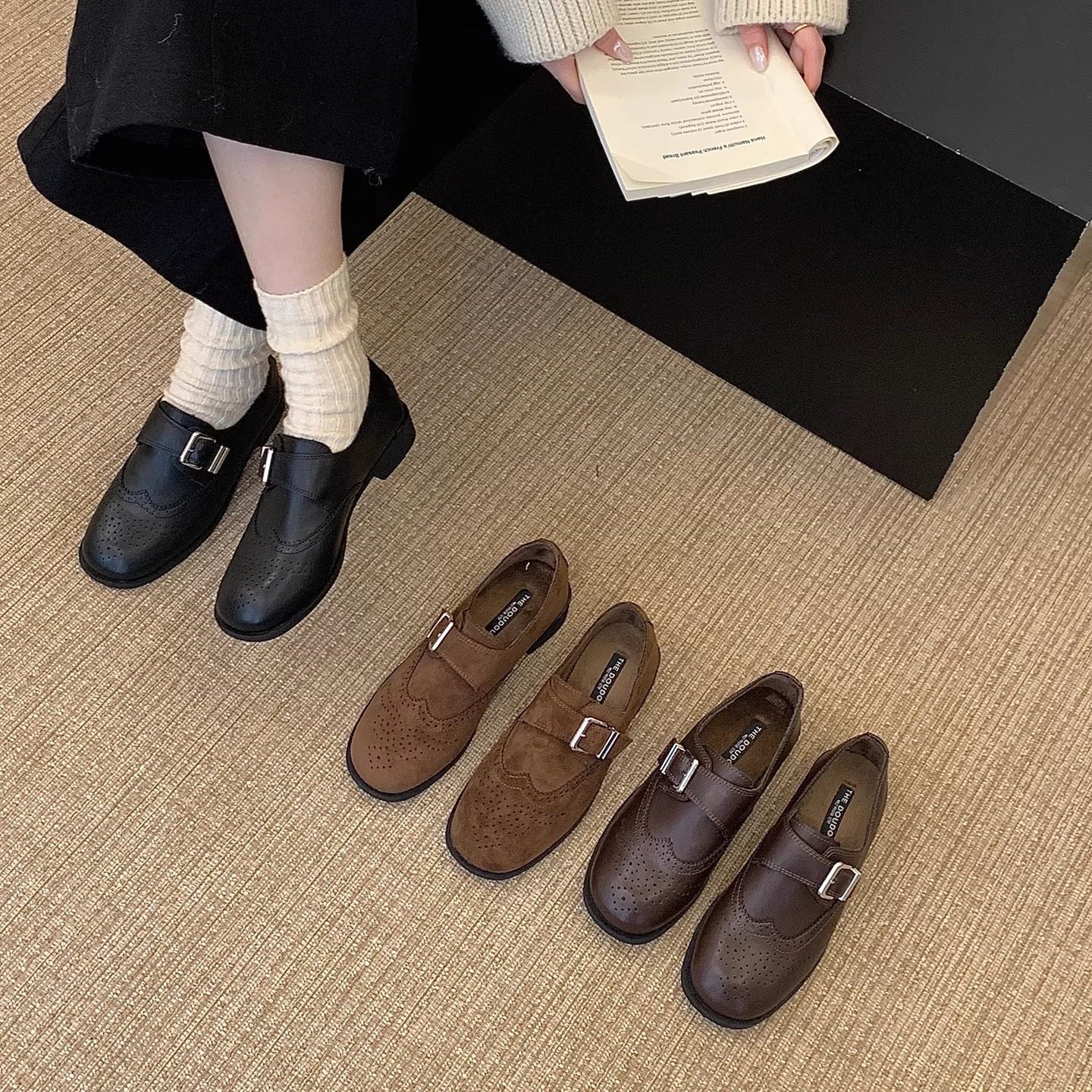 英伦布洛克雕花加绒低跟女乐福鞋