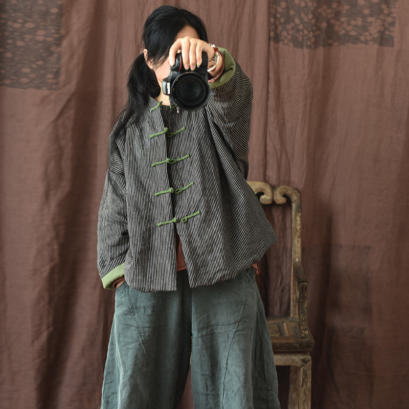 亚麻常规短外套中式盘扣夹棉复古