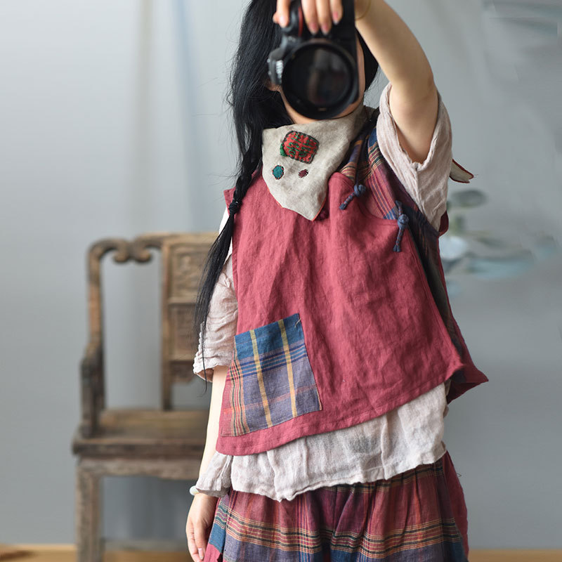 原创拼色偏襟盘扣文艺复古马甲