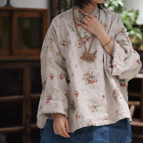 雨露麻印花双层偏襟盘扣外套小衫