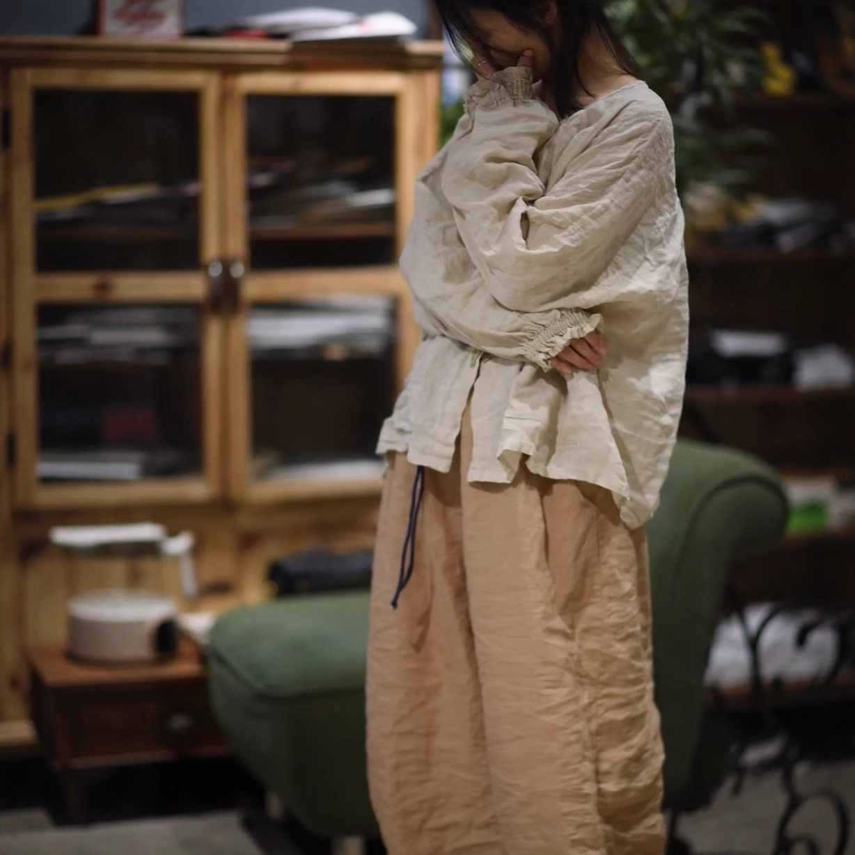 素年未央亚麻贴布休闲女开衫衬衫