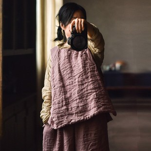 青衣原创自制女式宽松国风复古文艺背心秋冬砂洗亚麻盘扣夹棉马甲