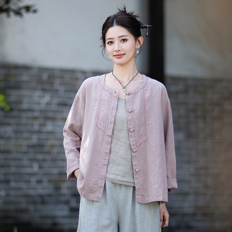 宜家可盈宽松中式棉麻禅茶服衬衫