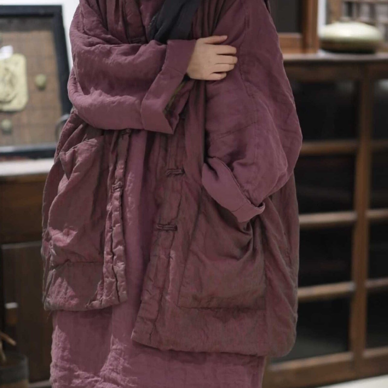 色织亚麻中式盘扣夹棉中长棉马甲