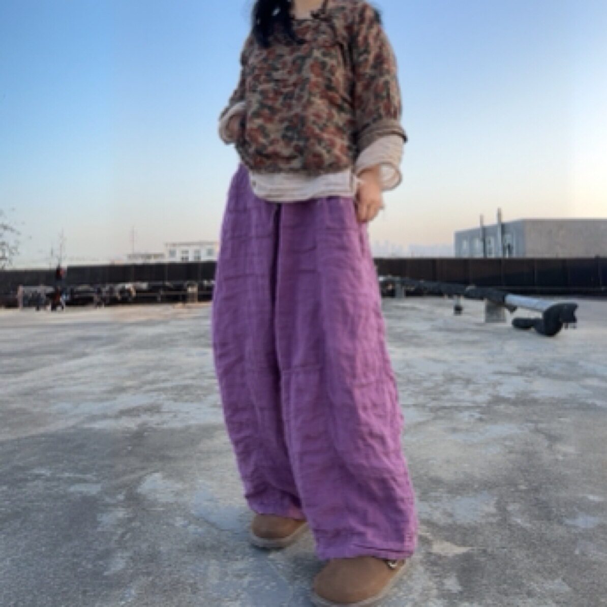 砂洗亚麻拼接宽松阔腿裤文艺长裤