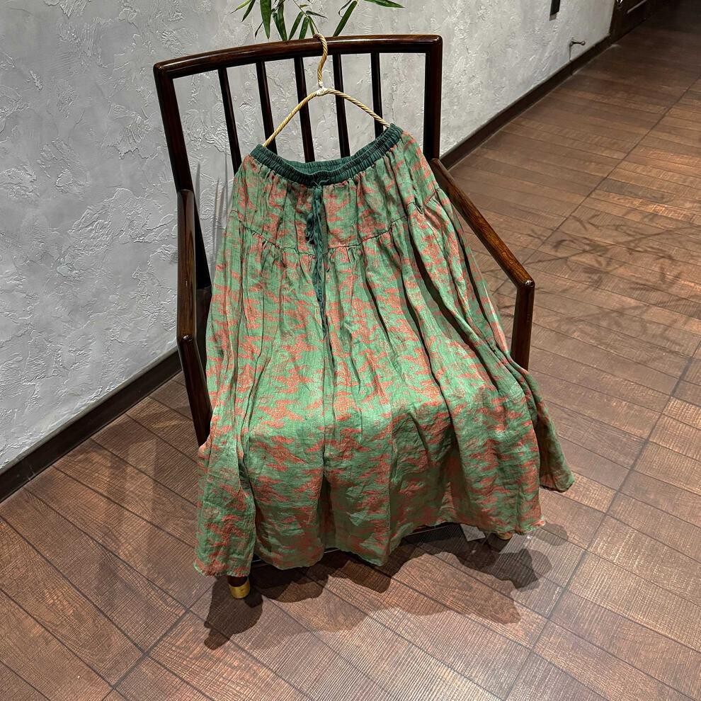 苎麻印花宽松松紧腰抽绳半身裙