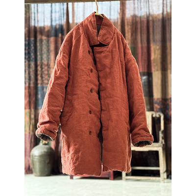 中长款亚麻新款情侣文艺宽松棉衣