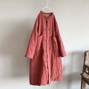 冬子/左岸风原创亚麻加棉保暖中式棉袄复古文艺秋冬长款棉袍棉衣