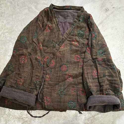 双层加厚亚麻偏襟系带宽松外套