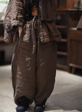 素年未央原创设计SN276新款宽松色织汉麻复古双层系带休闲萝卜裤