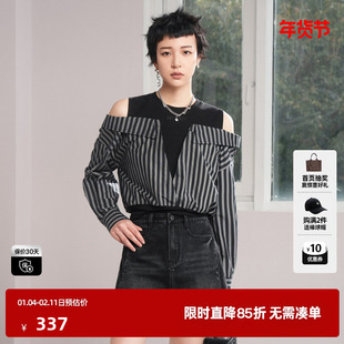 U/TI拼色露肩假两件衬衫女装设计感拼色休闲上衣尤缇时尚秋季新款