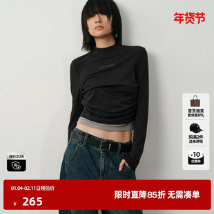 U/TI美式拼接捏褶短款T恤女装 酷感修身休闲上衣尤缇2025冬季新款