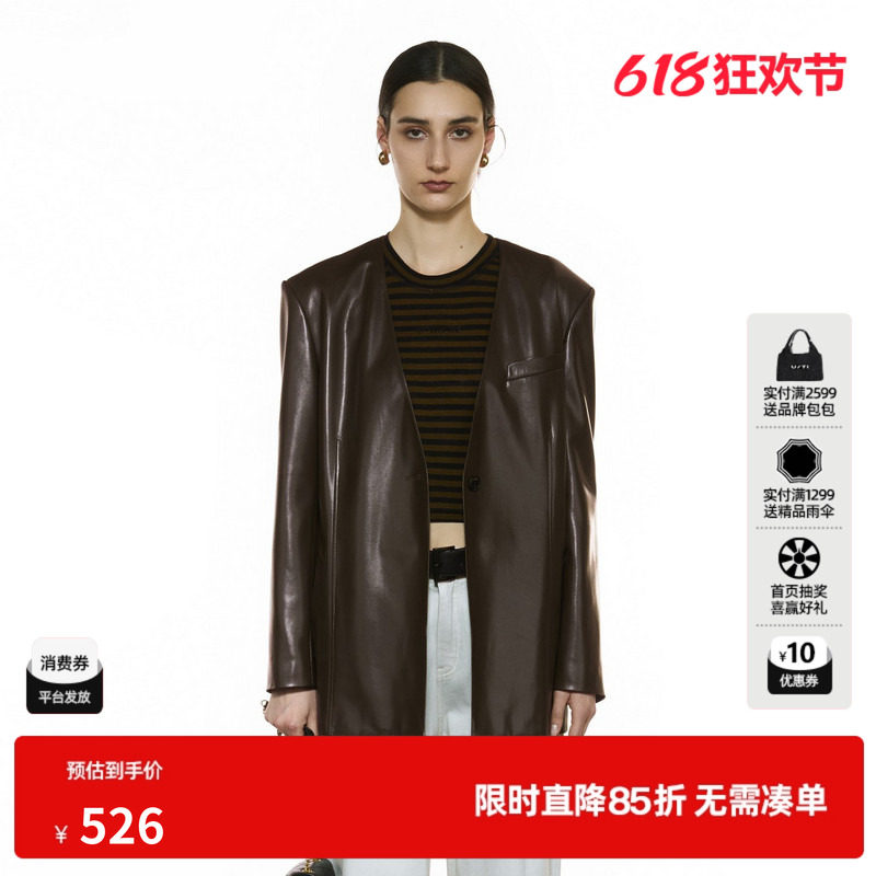 U/TI蛋白皮无领西装女装高街通勤风显瘦休闲外套尤缇2025秋季新款