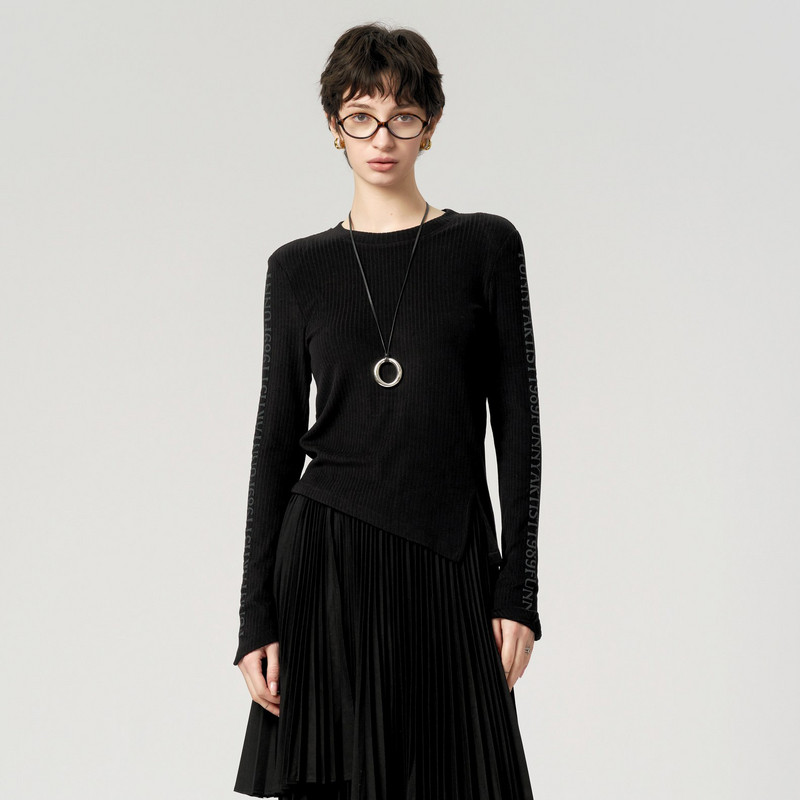 U/TI黑色设计感不规则打底衫女 百搭简约长袖T恤尤缇时尚冬季新款