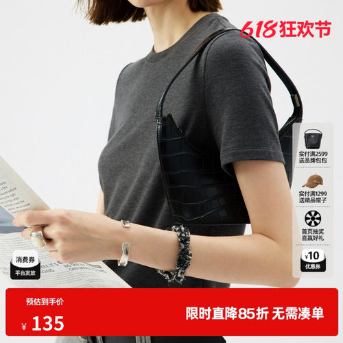 U/TI深灰色莱赛尔短袖T恤女圆领修身正肩薄内搭 尤缇2025夏季新款