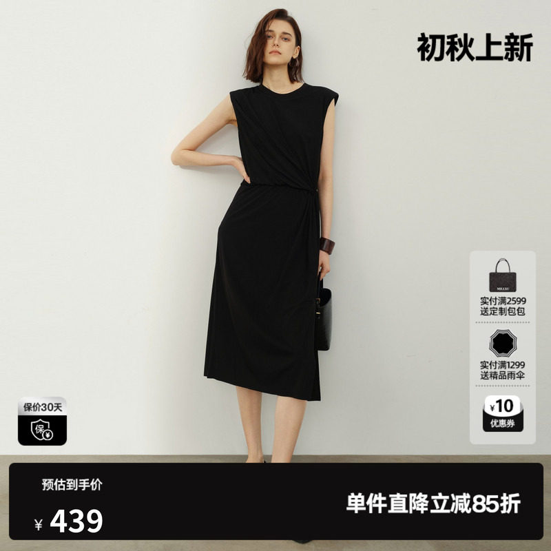 U/TI黑色高腰无袖连衣裙女圆领休闲松紧A字中裙 尤缇2026夏季新款