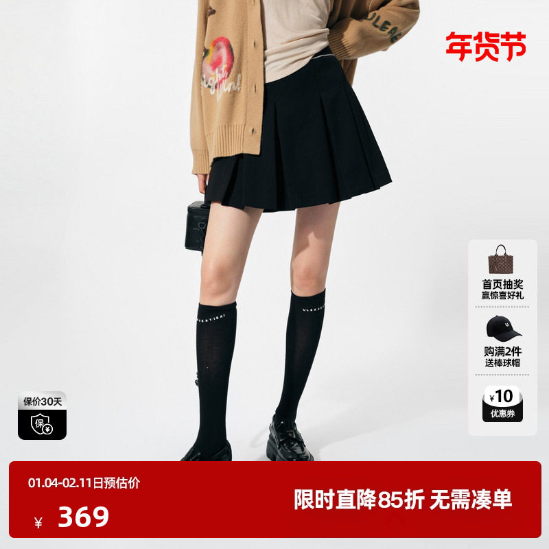 U/TI黑色绵羊毛学院风百褶裙裤女百搭运动风短裙尤缇2025春季新款