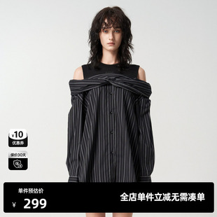 新款 春季 廓形休閑上衣尤緹時尚 TI黑白條紋露肩假兩件襯衫 女時尚