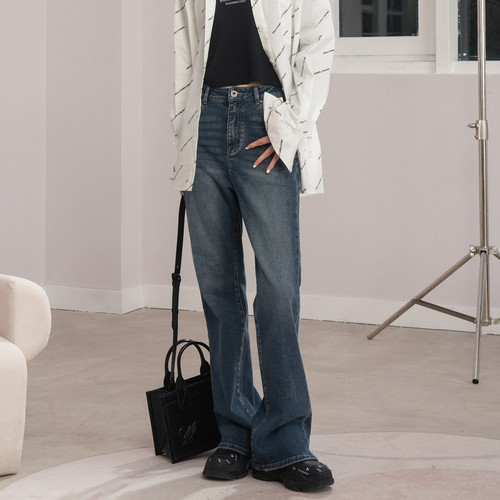 U/TI联名款水洗蓝微喇牛仔裤女复古磨白潮休闲裤尤缇时尚秋季新款