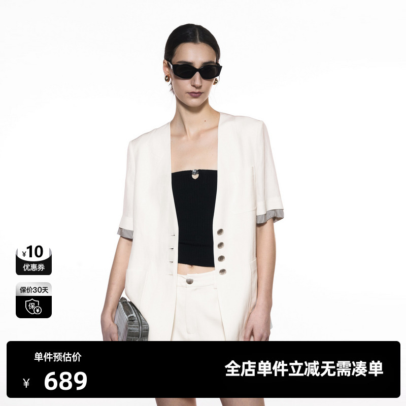 U/TI拼接短袖V领西装女 轻奢复古亚麻通勤风外套尤缇2025秋季新款
