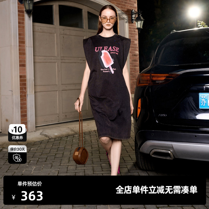 U/TI黑色棒棒冰印花无袖连衣裙女长绒棉潮休闲裙尤缇时尚夏季新款