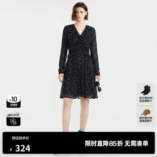 U/TI紫色碎花V领长袖连衣裙女高腰A字简约风中裙尤缇2026秋季新款