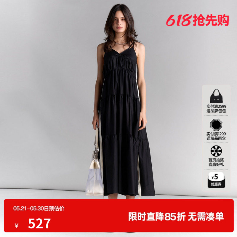 U/TI度假风黑色吊带裙女装棉感轻盈背心裙连衣裙尤缇2025夏季新款
