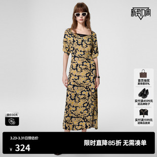 TI碎花度假风拼接连衣裙女 新款 大U领泡泡袖 夏季 休闲裙尤缇时尚