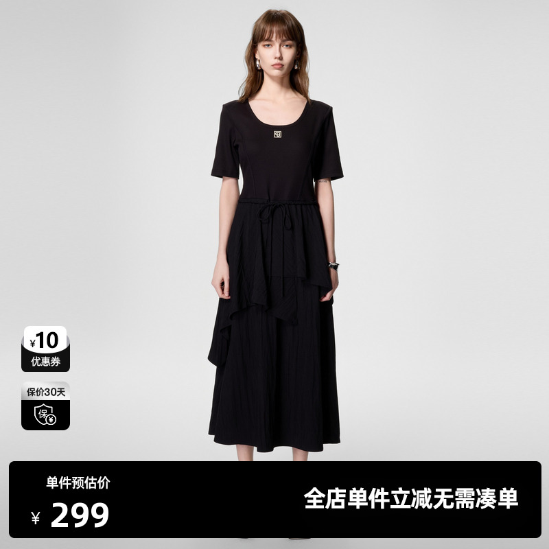 U/TI黑色大U领显瘦藏肉连衣裙女 百搭气质休闲裙尤缇时尚夏季新款