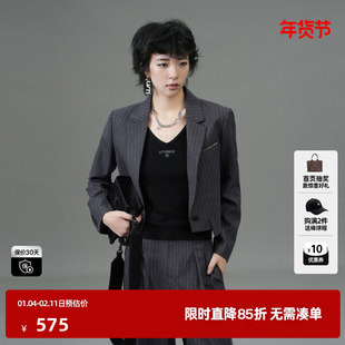 U/TI深灰色条纹短款西装女百搭高腰正肩高腰外套尤缇2025春季新款