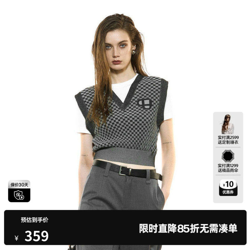 U/TI假两件V领黑白格纹针织衫女 学院风毛衫棉感尤缇2025秋季新款