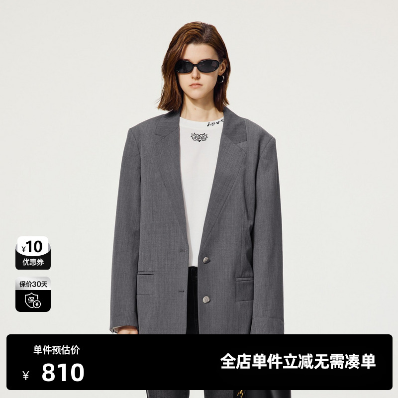 U/TI无领灰色西装外套女复古设计感通勤休闲上衣尤缇2025秋季新款