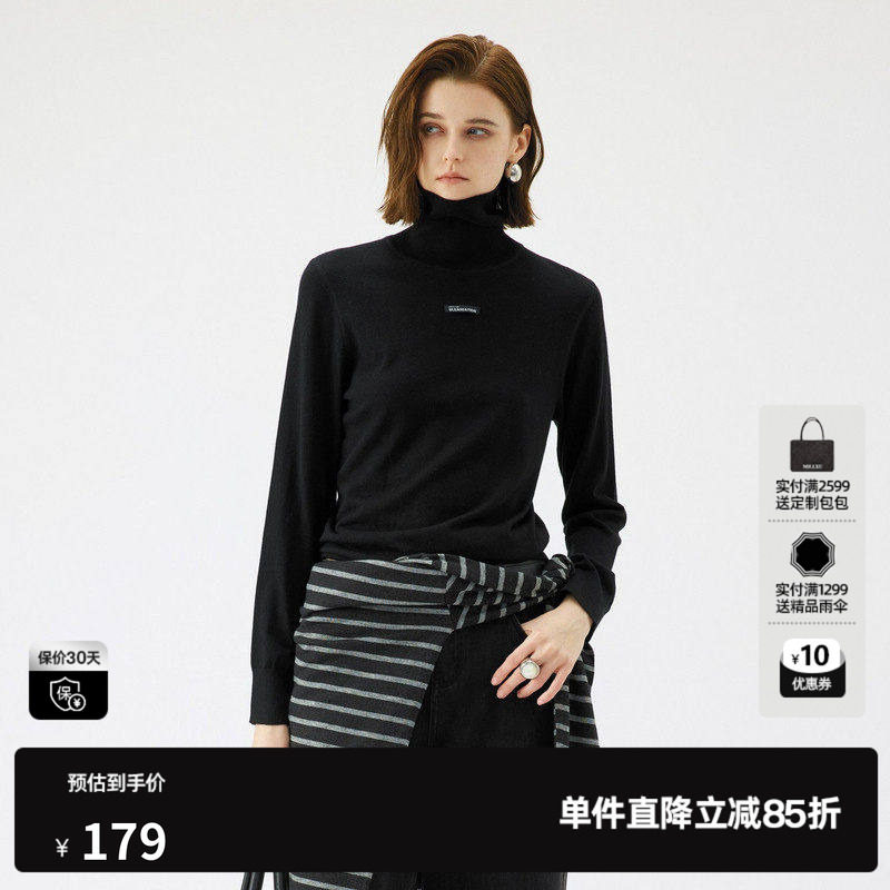 U/TI高领简约黑色针织衫女装绵字母修身毛衫尤缇2025秋季羊毛混纺