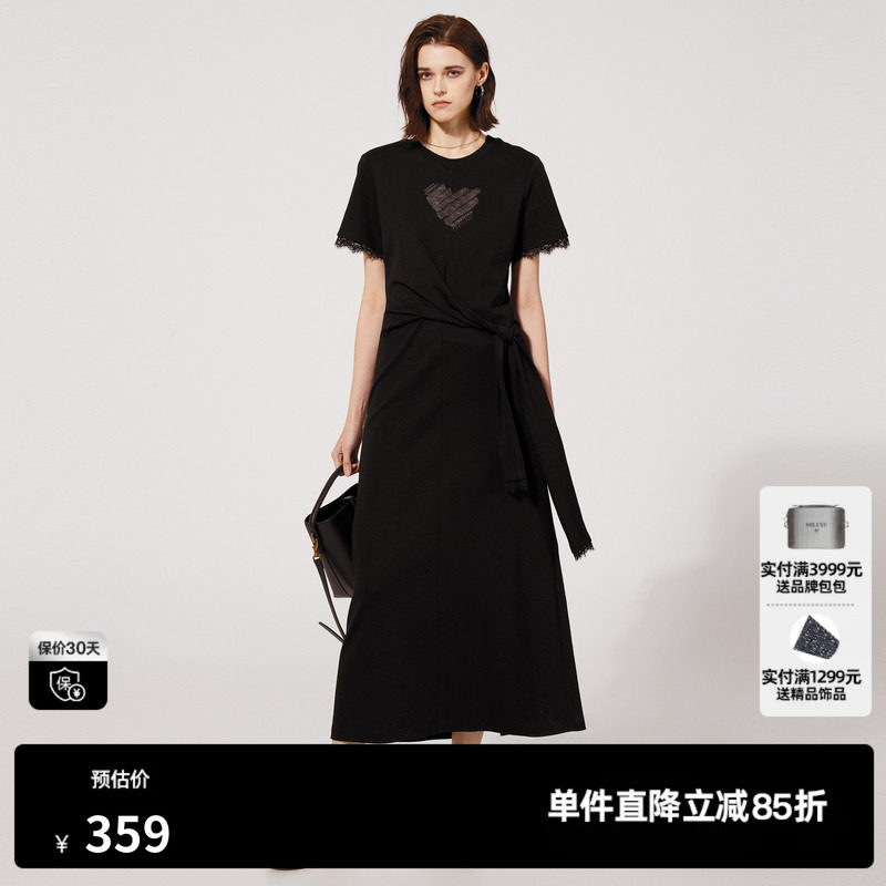 U/TI蕾丝钉珠棉连衣裙女 绑带捏褶开衩及踝T恤裙尤缇2025夏季新款