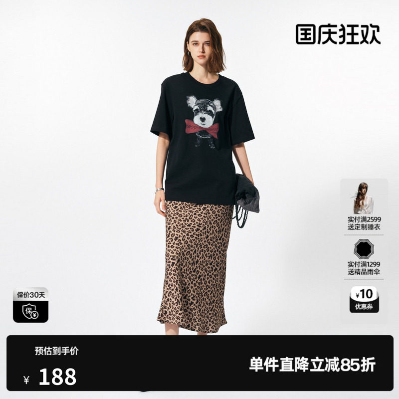 U/TI 黑色100%棉小狗印花短袖女时尚百搭阔版T恤尤缇2025春季新款图片
