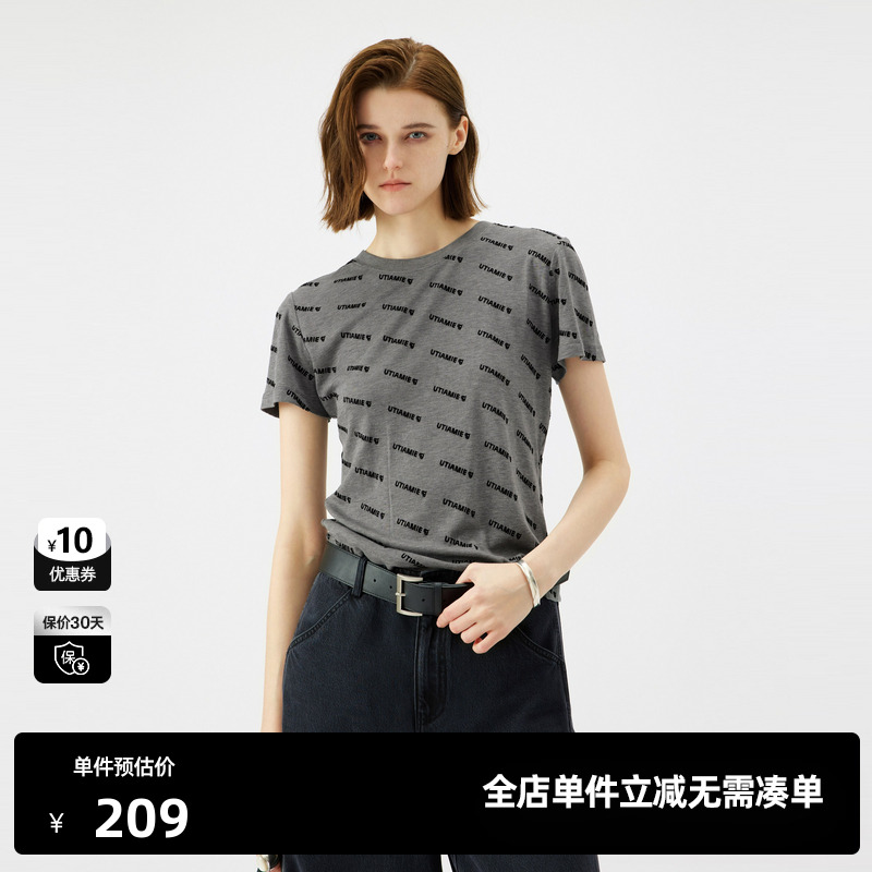 U/TI灰色植绒满版短款T恤女装 百搭简约短袖上衣尤缇2025秋季新款