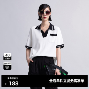 女时尚 TI白色休闲薄款 新款 夏季 撞色边POLO领毛衫 针织衫 尤缇时尚