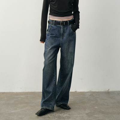 U/TI轻弯刀牛仔裤女装复古水洗磨白直筒裤休闲裤尤缇2025冬季新款