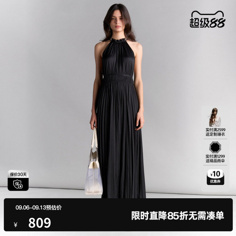 U/TI缎面风琴褶挂脖裙女装设计感重工长裙连衣裙尤缇2025夏季新款